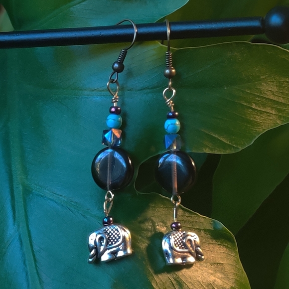 Smokey Quartz, Elephant Charm, Dyed Howlite Earrings - Picture 12 of 16